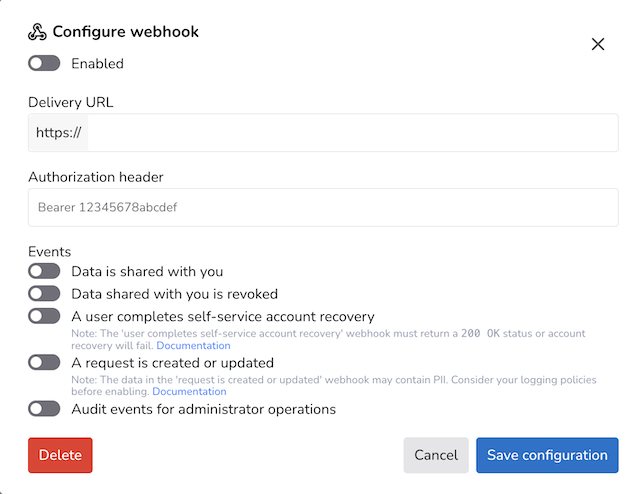 Webhook configuration panel